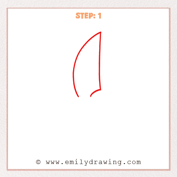 how to draw a cartoon knife - Step 1 of a step-by-step drawing tutorial showing the basic outline of a cartoon knife blade with a curved outer edge, a straighter inner edge, and a small notch near the base.
